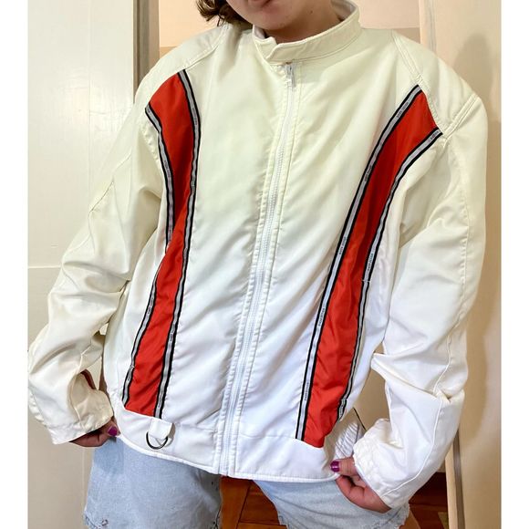 VINTAGE White USA Biker Design Jacket XL - Picture 2 of 6